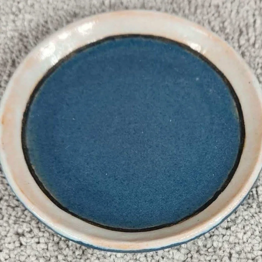 Handmade Pottery Vintage Small Ceramic Trinket Dish Blue‎ Cream Round 4 Inch
